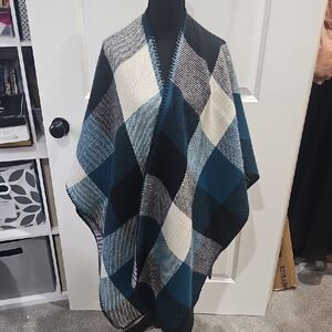 Plaid Poncho Wrap in Blue and Black